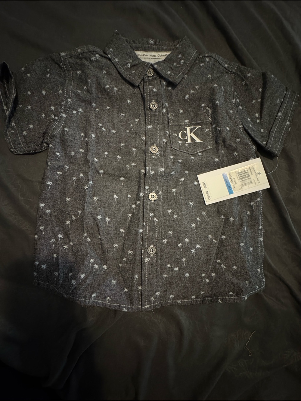 Calvin Klein Boys Charcoal Gray Button-Down Shirt with Palm Print